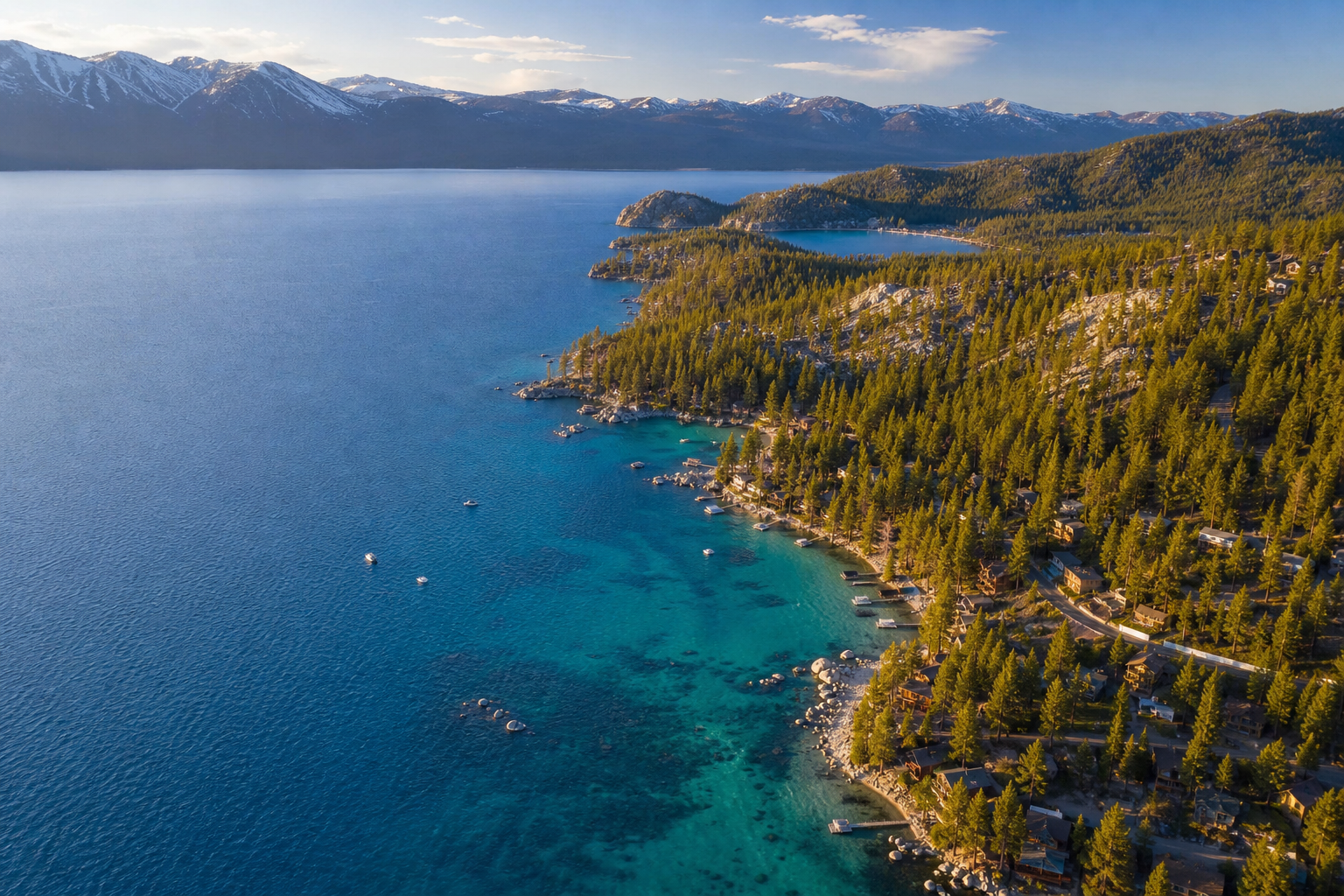 Aerial view of the forested southeastern shore of Lake Tahoe near Zephyr Cove, Nevada