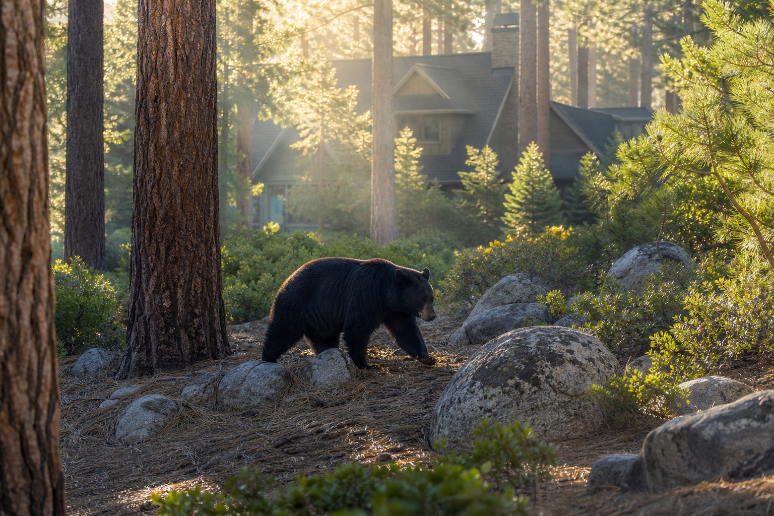 A black bear walking through sunlit pine forest near homes in the Tahoe basin