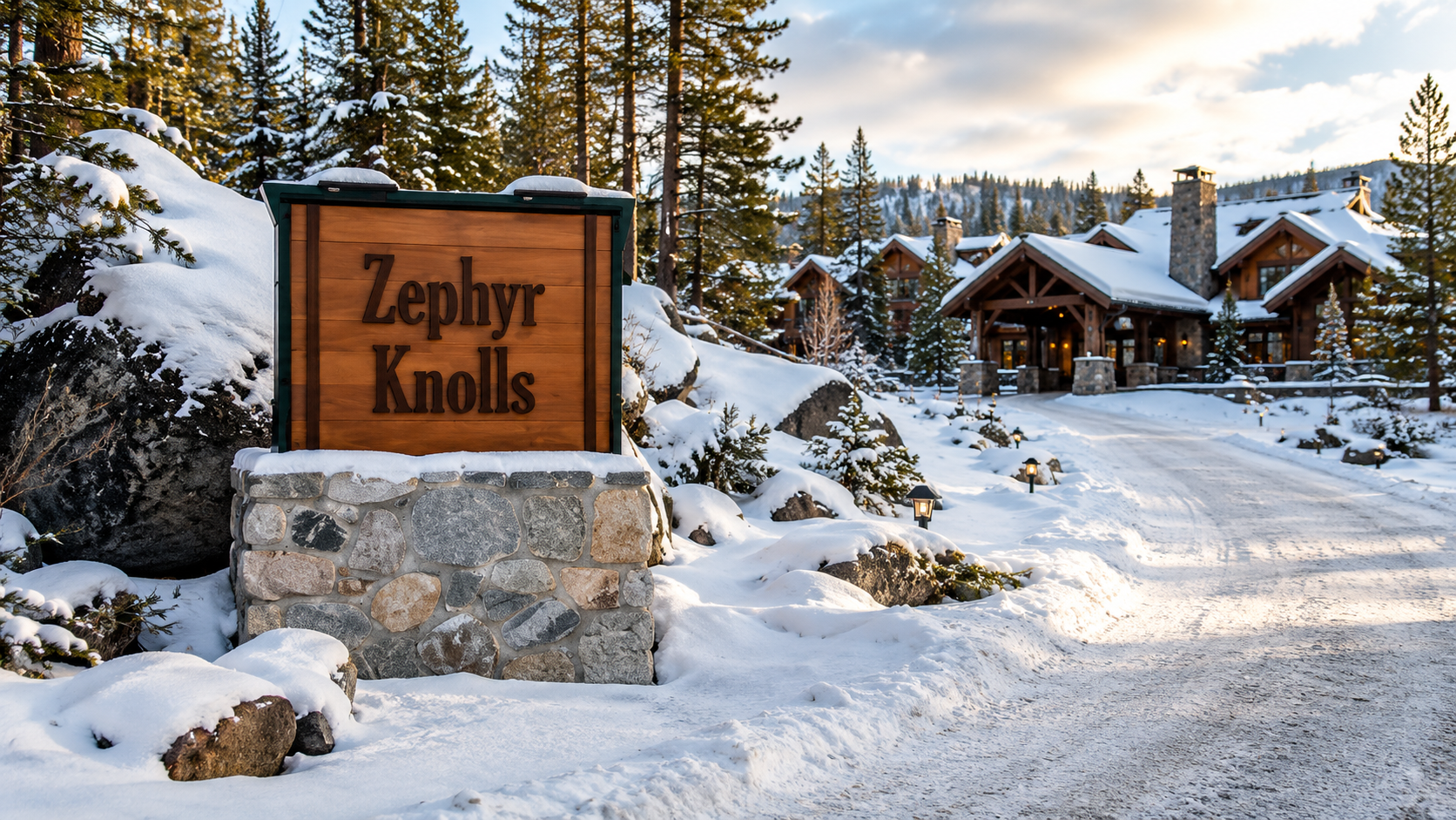 Zephyr Knolls neighborhood entrance in winter with snow-covered pines