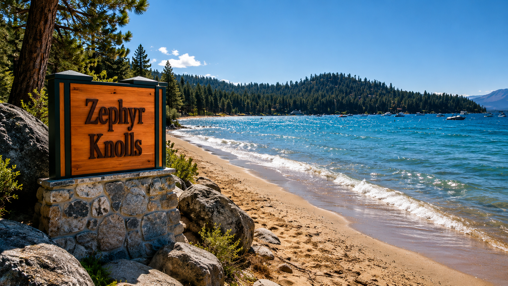 Zephyr Knolls entrance sign with the turquoise shoreline of Lake Tahoe behind it