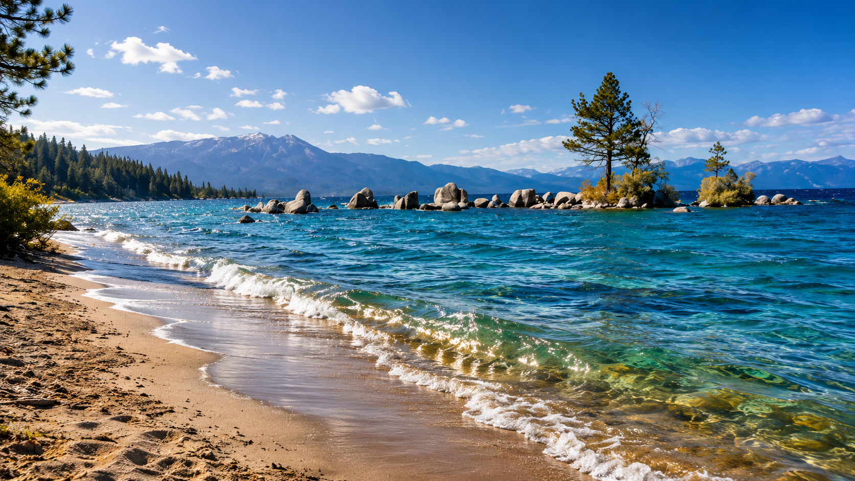 Clear blue water and granite boulders along the Lake Tahoe shore at Zephyr Cove