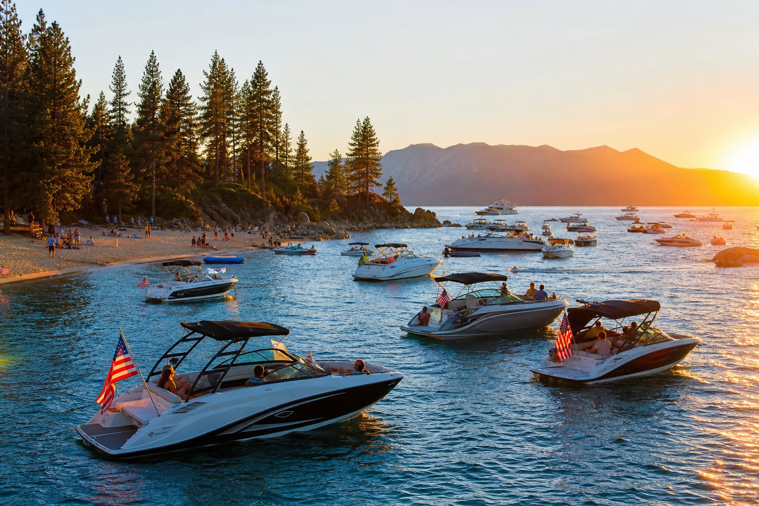 Boats flying American flags anchored off the Zephyr Cove beach at golden hour on the Fourth of July