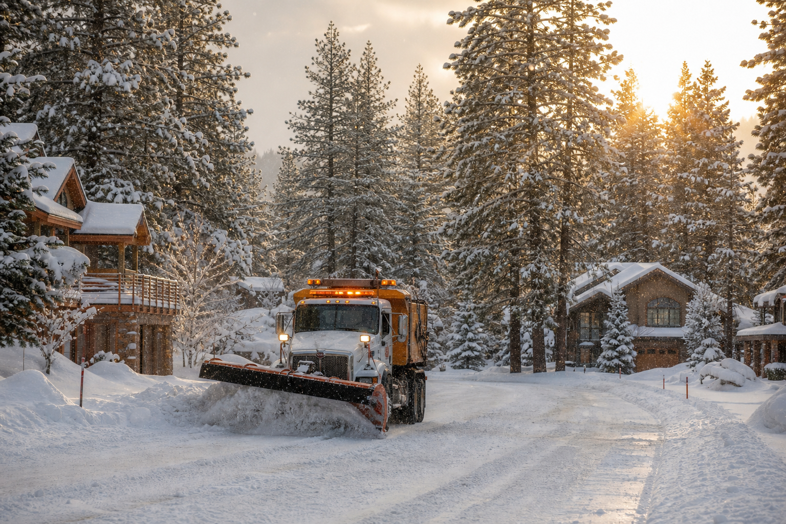 Snowplow clearing a residential street in the Zephyr Knolls neighborhood after fresh snowfall