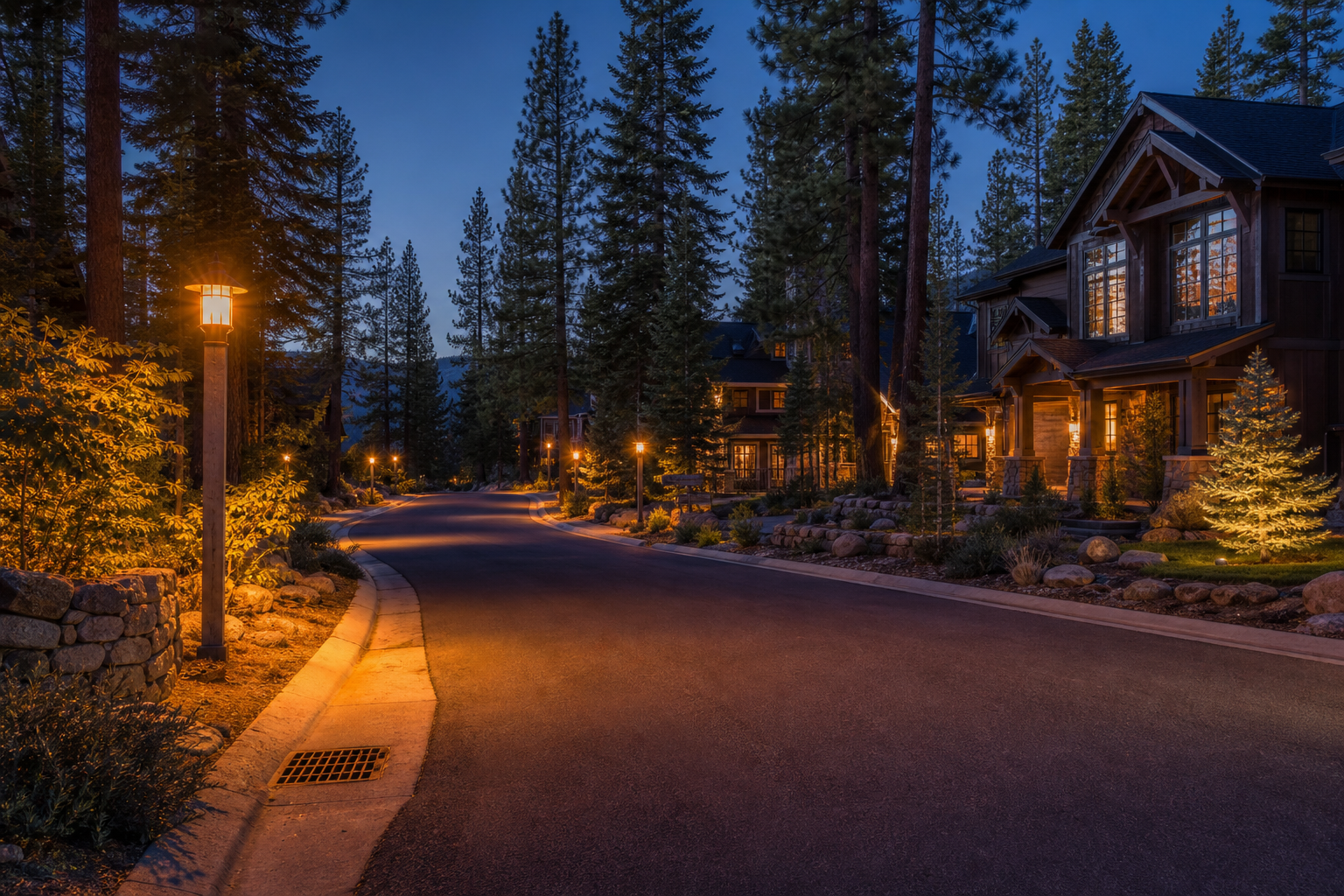 Warm streetlights glowing at dusk along a quiet Zephyr Knolls street with clean curbs and drainage