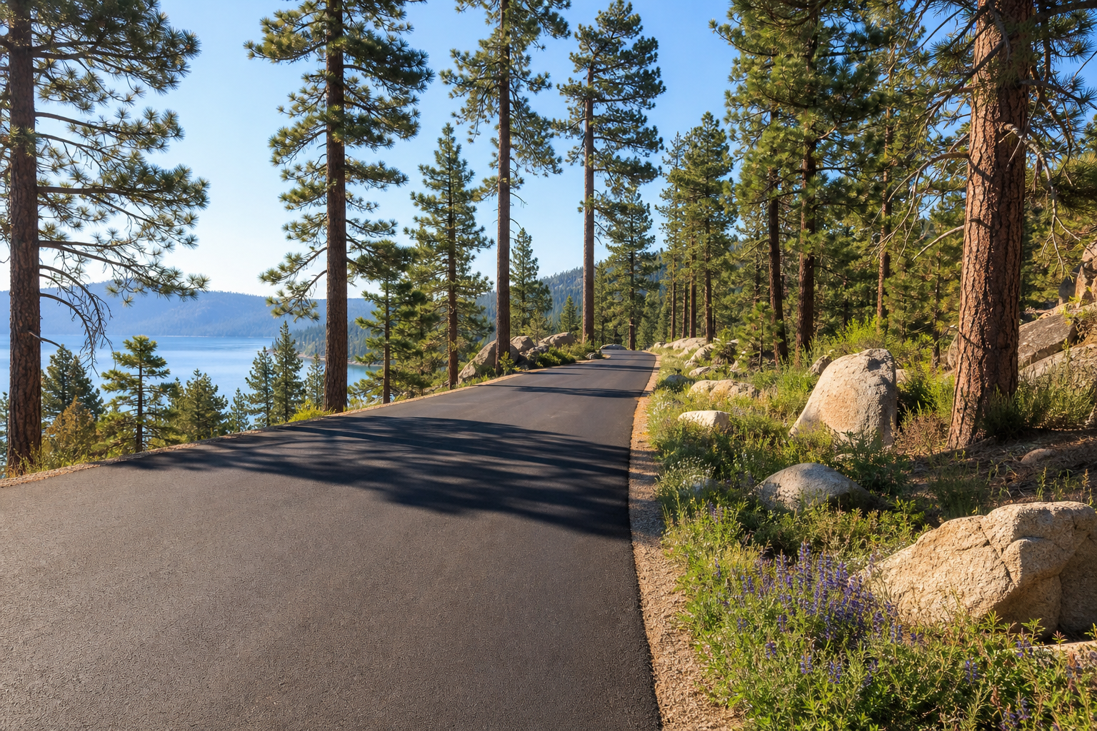 Freshly paved neighborhood road curving through Jeffrey pines above Lake Tahoe